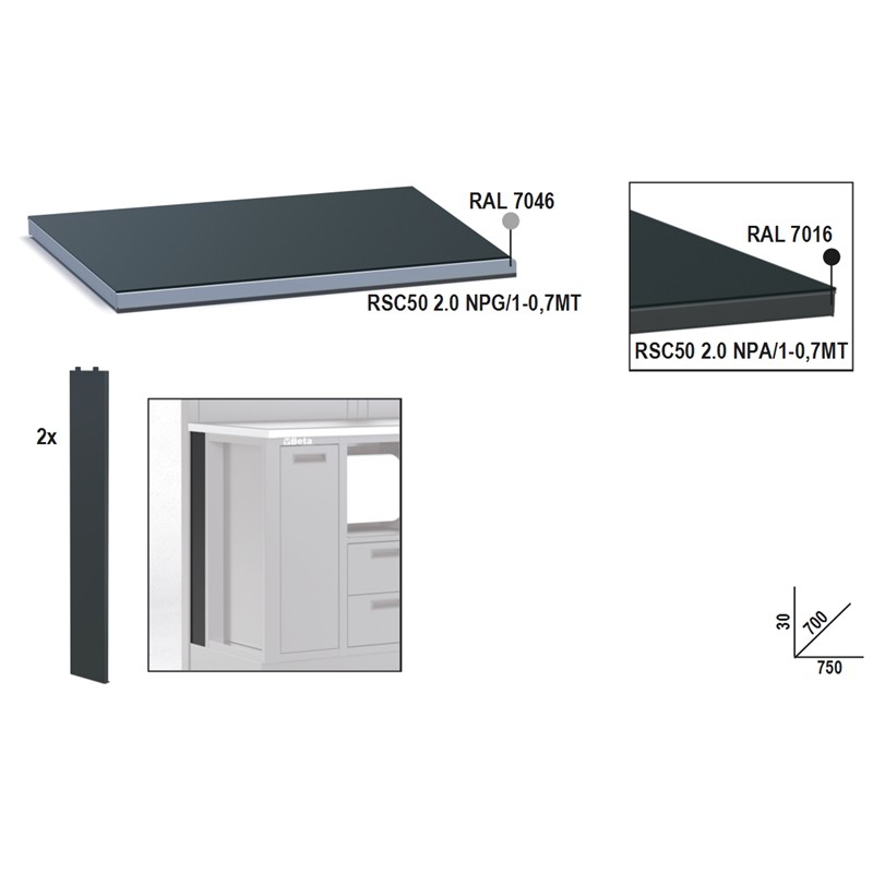 BETA RSC50 2.0 NPG/1-0,7MT Piano di lavoro in lamiera da 0,75m per banco arredo officina RSC50 2.0