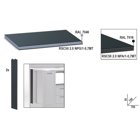 BETA RSC50 2.0 NPG/1-0,7MT Piano di lavoro in lamiera da 0,75m per banco arredo officina RSC50 2.0