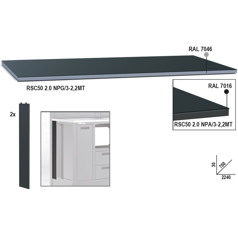 BETA RSC50 2.0 NPG/2-2,2MT Piano di lavoro in lamiera da 2,2m per banco arredo officina RSC50 2.0