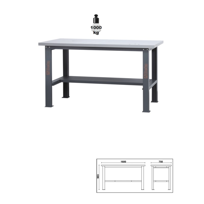 BETA C58BC-X1,6 Banco da lavoro semplice con piano MDF rivestito in acciaio inox, lunghezza 1,6 m