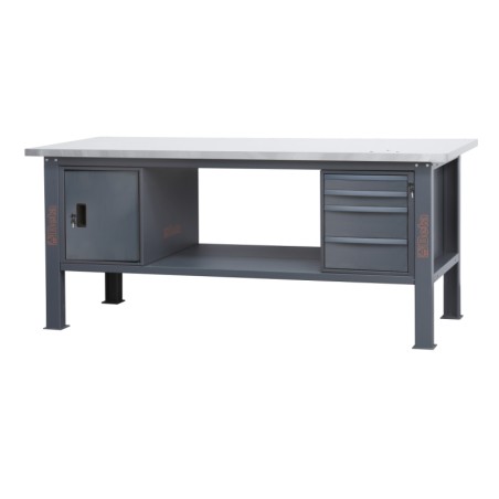 BETA C58BC-X2,1 4CA Banco da lavoro 2,1m piano MDF rivestito in acciaio inox, 4 cassetti e anta