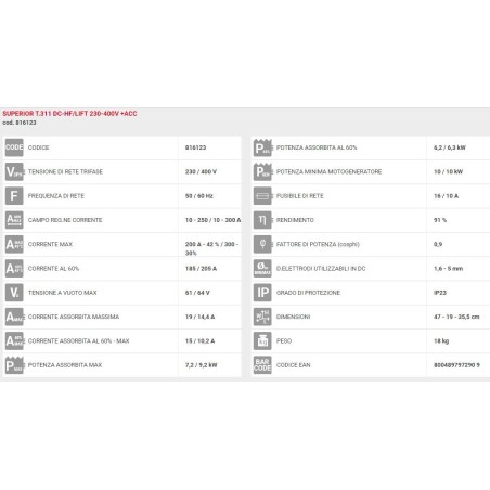 SUPERIOR TIG 311 DC-HF/LIFT 400V +ACC TELWIN 816123