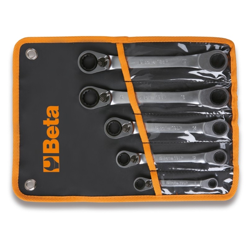 BETA 195P/B5 Serie di 5 chiavi poligonali doppie piegate a 15° a cricchetto reversibile (art. 195P) in busta di Nylon