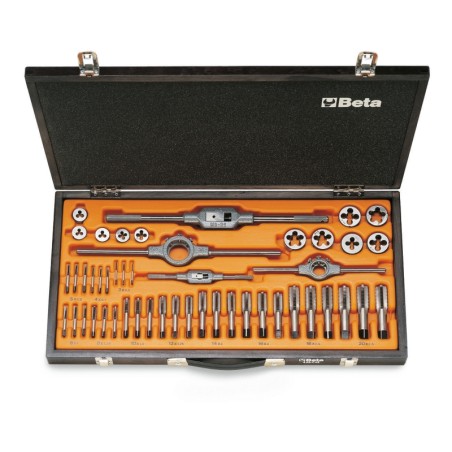 BETA 446/C48 Assortimento di maschi e filiere con accessori in acciaio al cromo filettatura metrica in cassetta di legno