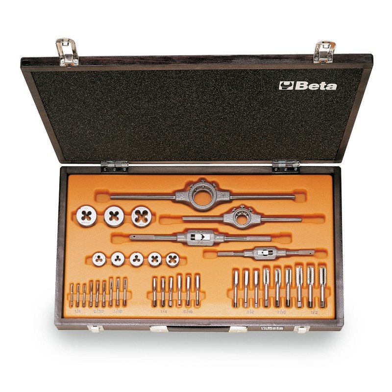 BETA 446ASW/C36 Assortimento di maschi e filiere con accessori in acciaio al cromo filettatura Whitworth in cassetta di legno