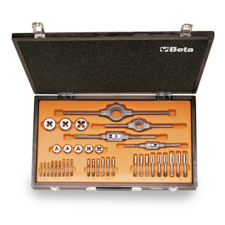 BETA 446ASW/C36 Assortimento di maschi e filiere con accessori in acciaio al cromo filettatura Whitworth in cassetta di legno