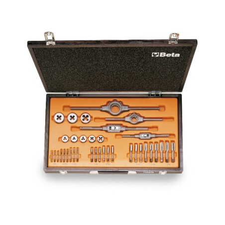 BETA 446ASW/C36 Assortimento di maschi e filiere con accessori in acciaio al cromo filettatura Whitworth in cassetta di legno