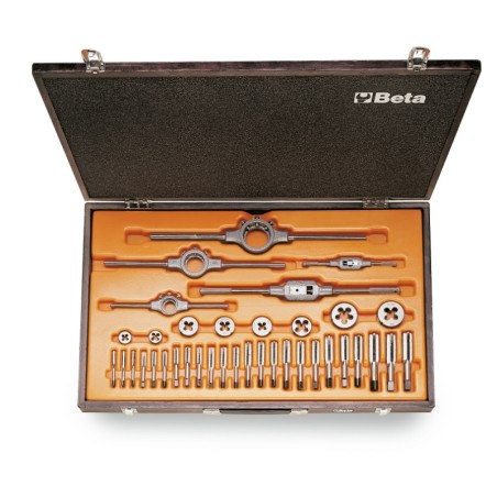 BETA 446ASC/C37 Assortimento di maschi e filiere con accessori in acciaio al cromo filettatura UNC in cassetta di legno