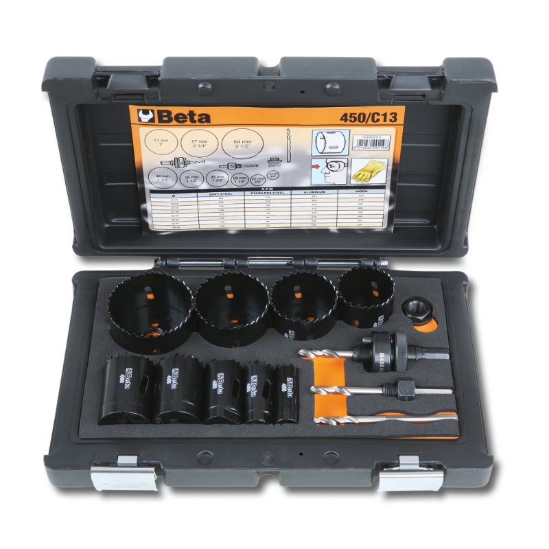 BETA 450/C13 Assortimento di seghe a tazza con accessori per installatori in cassetta di plastica antiurto