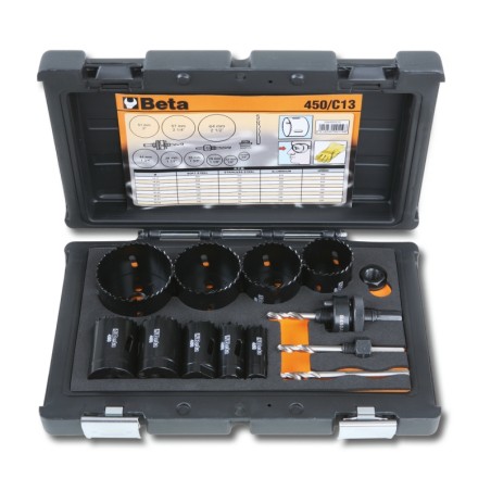 BETA 450/C13 Assortimento di seghe a tazza con accessori per installatori in cassetta di plastica antiurto