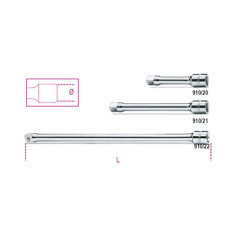 BETA 910/20 – 910/21 – 910/22 Prolunghe con attacchi quadri maschio e femmina 3/8" cromate