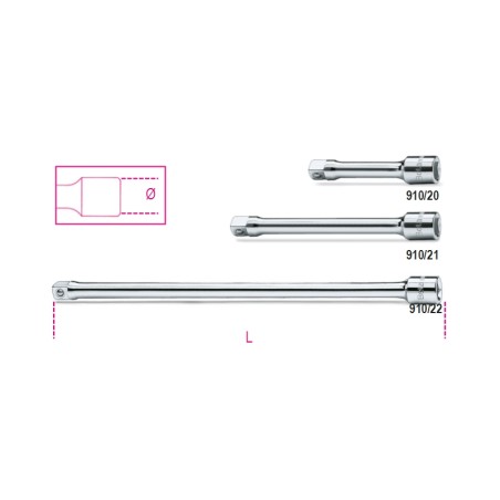 BETA 910/20 – 910/21 – 910/22 Prolunghe con attacchi quadri maschio e femmina 3/8" cromate