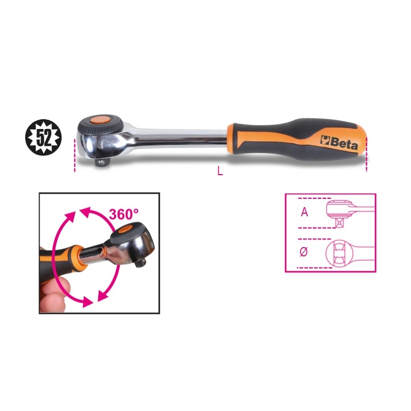 BETA 910/58 Cricchetto reversibile con impugnatura rotante con attacco quadro maschio 3/8" meccanismo a 52 denti
