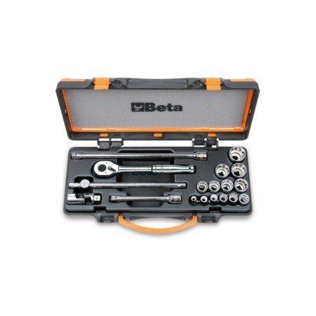 BETA 910AS/MBM-C18 Assortimento di 13 chiavi a bussola poligonali e 5 accessori in cassetta di lamiera, misure in pollici