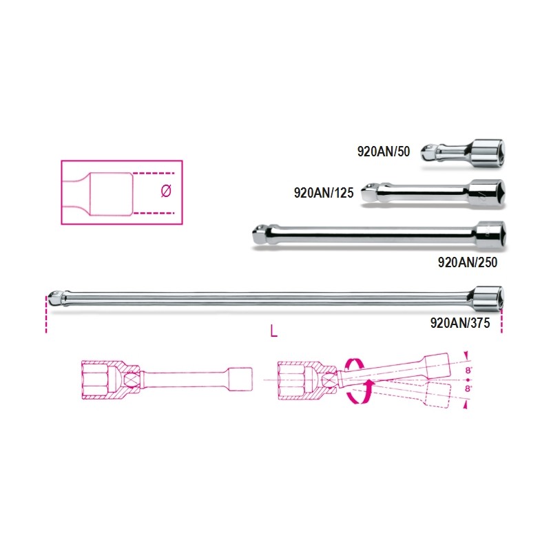 BETA 920AN Prolunghe con attacchi quadri maschio e femmina 1/2" angolari, cromate