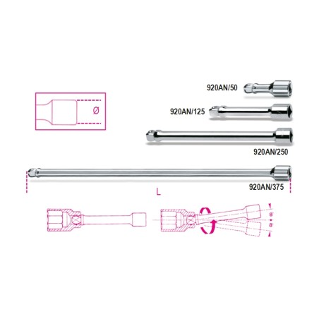 BETA 920AN Prolunghe con attacchi quadri maschio e femmina 1/2" angolari, cromate