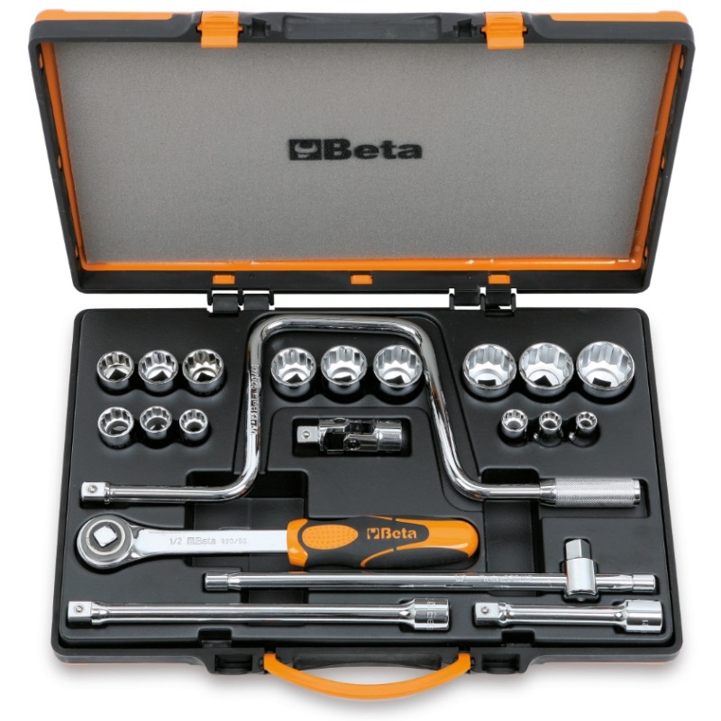 BETA 920AS/C15 Assortimento di 15 chiavi a bussola poligonali e 6 accessori in cassetta di lamiera, misure in pollici