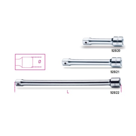 BETA 928/20 – 928/21 – 928/22 Prolunghe con attacchi quadri maschio e femmina 3/4" cromate
