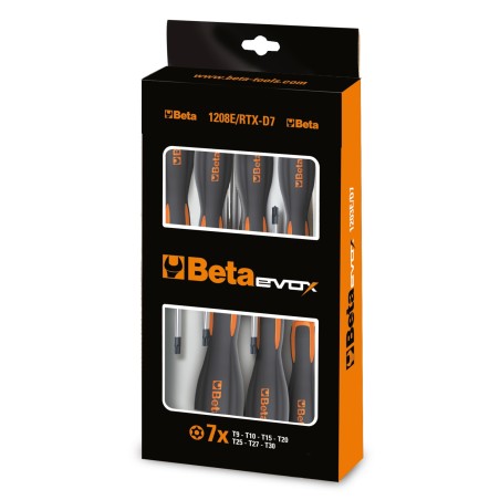 BETA 1208E/RTX-D7
 Serie di 7 chiavi maschio con impugnatura Evox per viti con impronta Tamper Resistant Torx(R) (art. 1208E/RTX