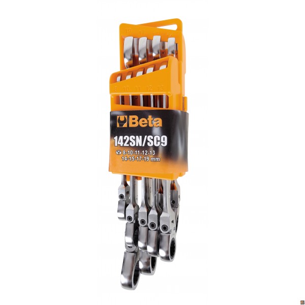 Serie di 9 chiavi combinate a cricchetto snodate con supporto compatto