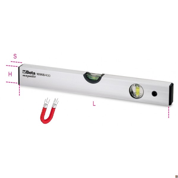1696 livella con base magnetica in alluminio profilato anodizzato a 2 fiale infrangibili - 200mm