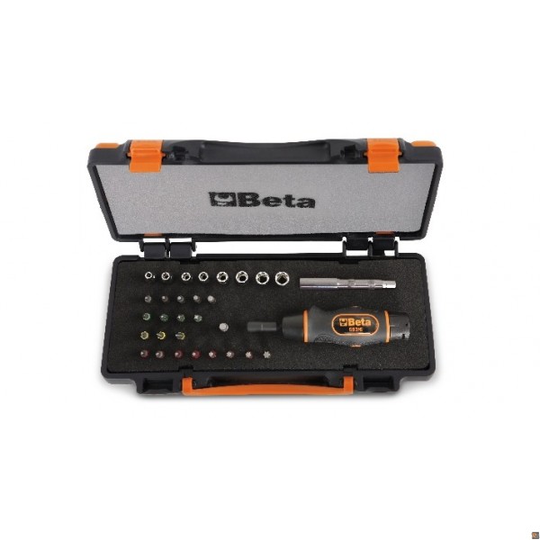 ASSORTIMENTO DI 1 GIRAVITE DINAMOMETRICO, 8 CHIAVI A BUSSOLA ESAGONALI, 20 INSERTI PER AVVITATORI, E DUE ACCESSORI