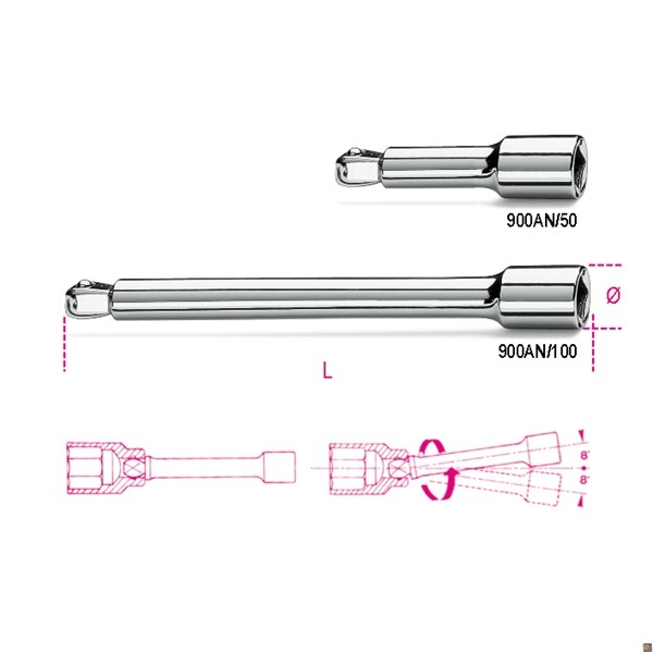 900AN - PROLUNGHE CON ATTACCHI QUADRI MASCHIO E FEMMINA 1/4" ANGOLARI - 50