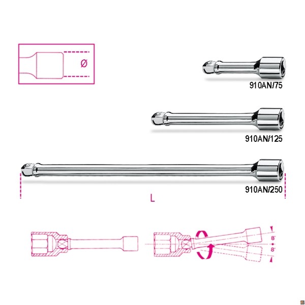 910AN/75 - PROLUNGHE CON ATTACCHI QUADRI MASCHIO E FEMMINA 3/8” ANGOLARI