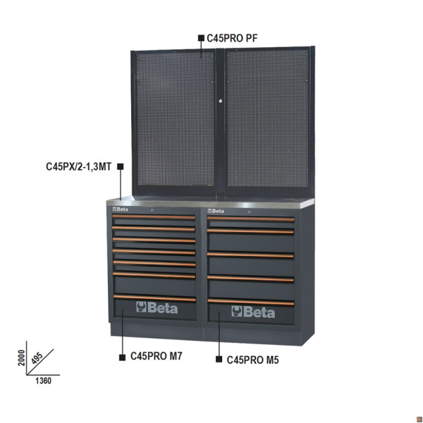 BANCHI PRO PIANI INOX 1,3MT 2MOD+2PANNEL C45PRO BPX-1,3 BETA 045000041