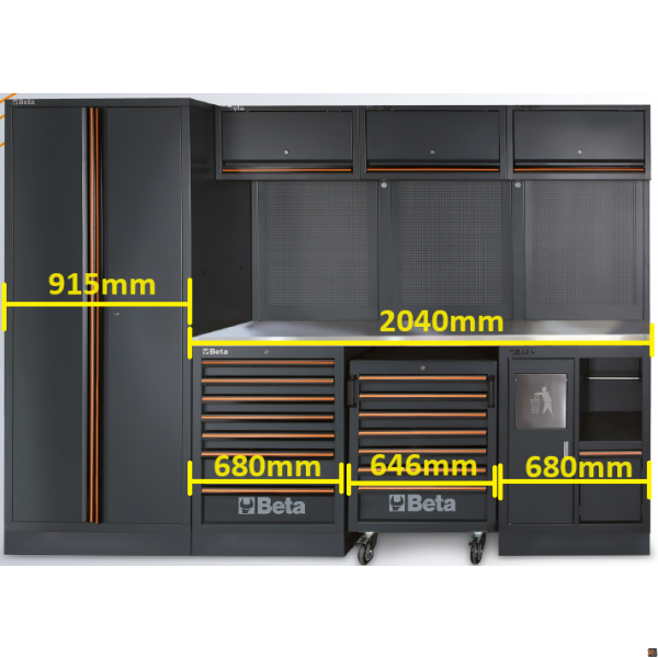 Combinazione arredo officina C45PRO X (piano in inox) con assortimento BW 5945 misure
