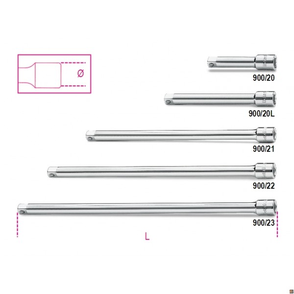 900/... - PROLUNGHE CON ATTACCHI QUADRI MASCHIO E FEMMINA 1/4" - 22